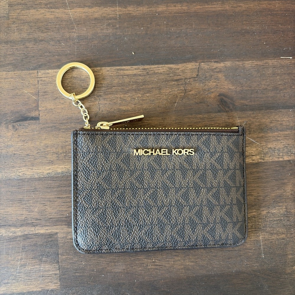 Michael Kors Jet Set Travel Small Top Zip Coin Pouch Brown Signature Key Ring